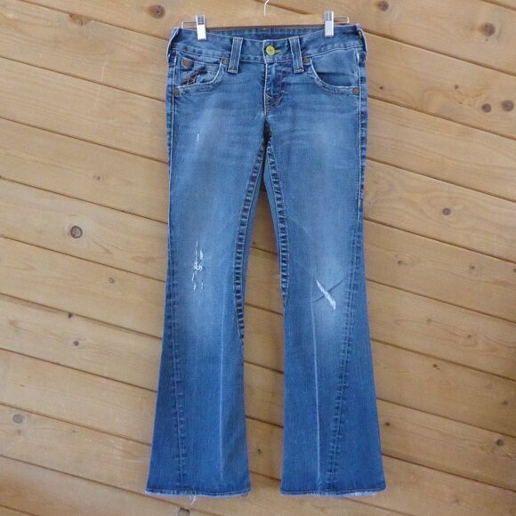 Blue Religion Light Blue Low Rise Boot Legs Yellow Button Flap Pockets Jeans 28 - Picture 1 of 15